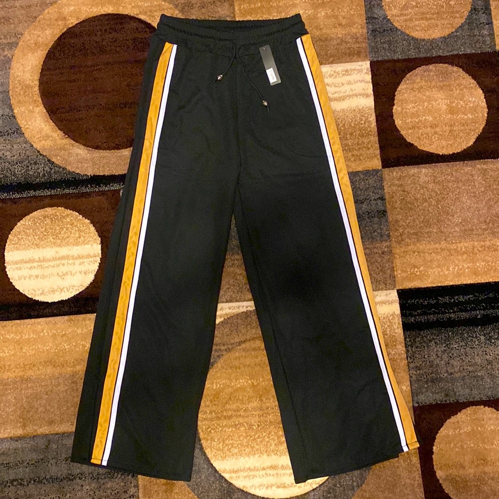 Black Track Sweatpants with Jawstring and Gold & White Stripes on Both Leg Pants